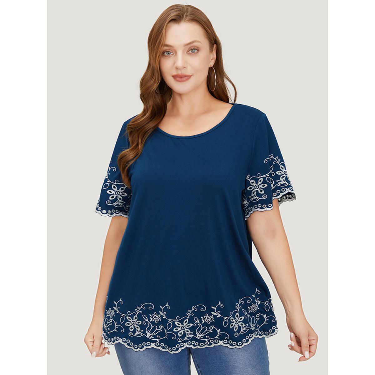 Plus Size Floral Broderie Anglaise Ruffle Sleeve T-shirt DarkBlue Women Elegant Broderie anglaise Floral Round Neck Dailywear T-shirts BloomChic 22-24/3X Product Image