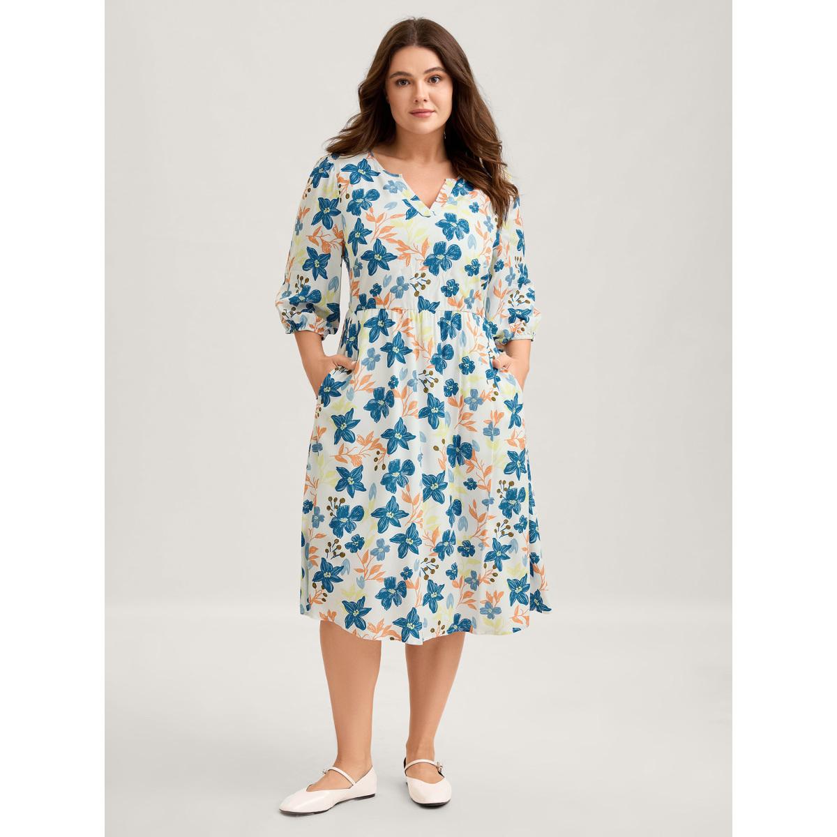 Plus Size Rayon Floral Stretchy Waist Pockets Midi Dress Multicolor Women Flat collar with V-notch Elbow-length sleeve Curvy BloomChic 14-16/1X Product Image