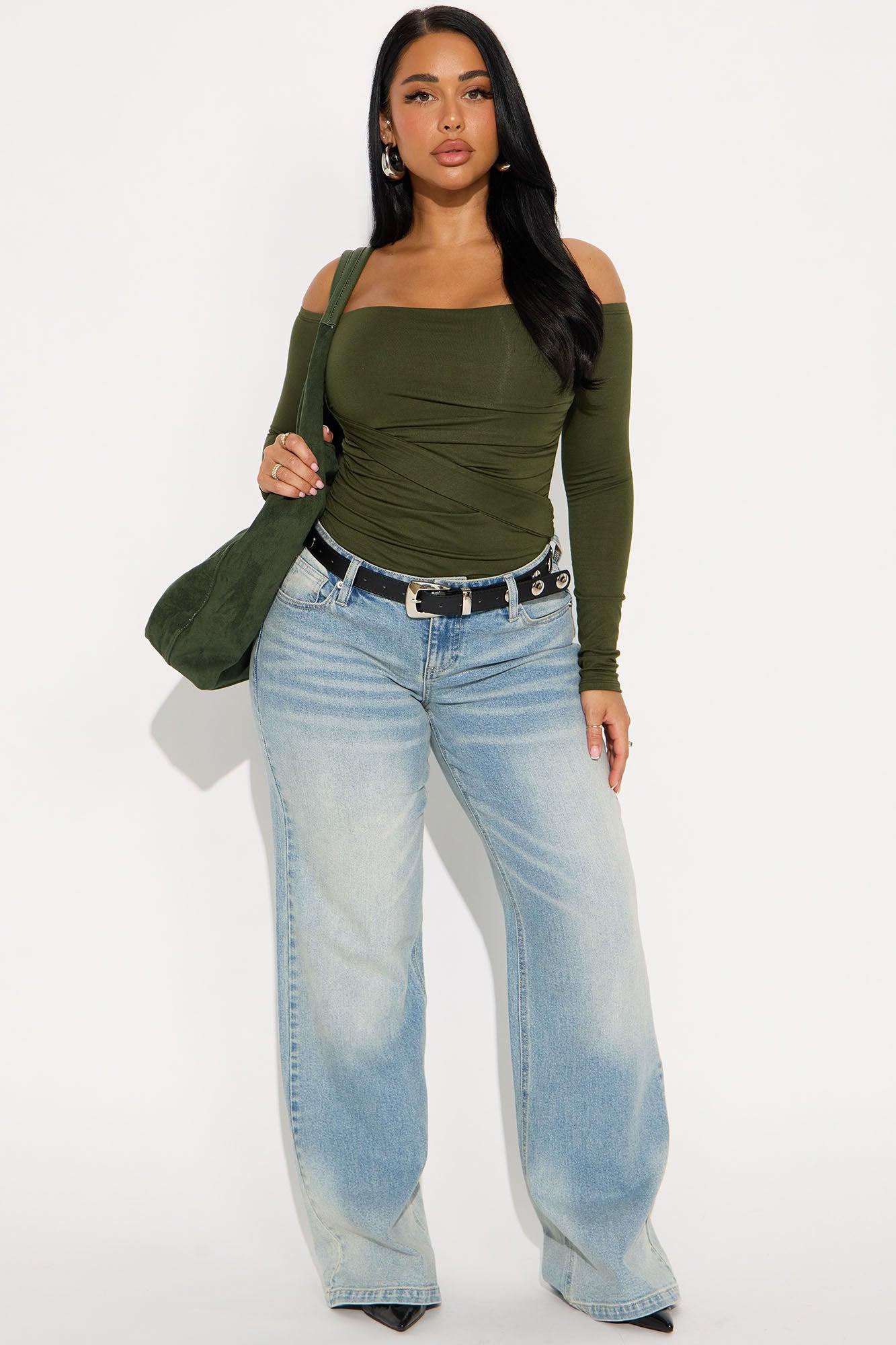 Gilda Off Shoulder Long Sleeve Bodysuit - Olive Female Product Image