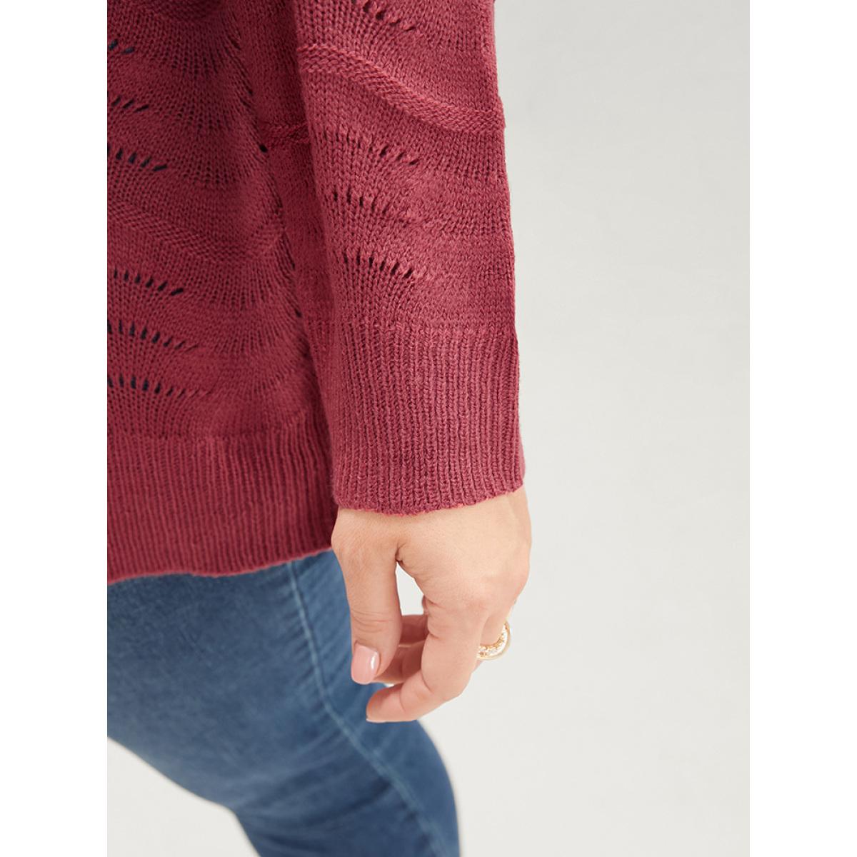 Plus Size Plain Pointelle Knit Water Ripple Eyelet Knit Top Scarlet Women Casual Loose Long Sleeve V-neck Dailywear Pullovers BloomChic 14-16/1X Product Image