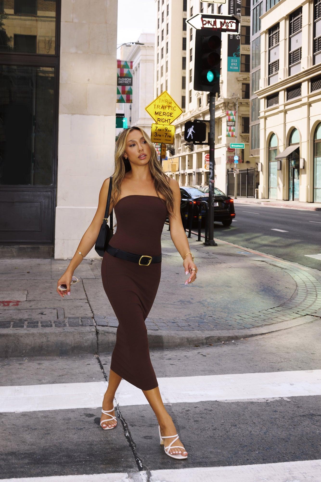 BASE Luxe Rib The Ultimate Strapless Midi Dress Chocolate Product Image