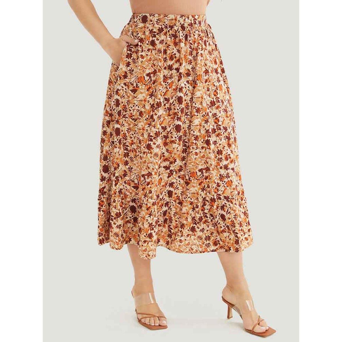 Plus Size Plant Print Pocket Elastic Waist Ruffle Hem Skirt Women Rust Elegant No stretch Pocket Dailywear Skirts BloomChic 22-24/3X Product Image