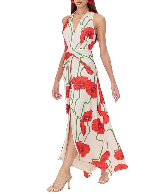 Adelyn Rae Rosalyn Woven Abstract Rose Print V Neck Sleeveless A-Line Maxi Dress Product Image
