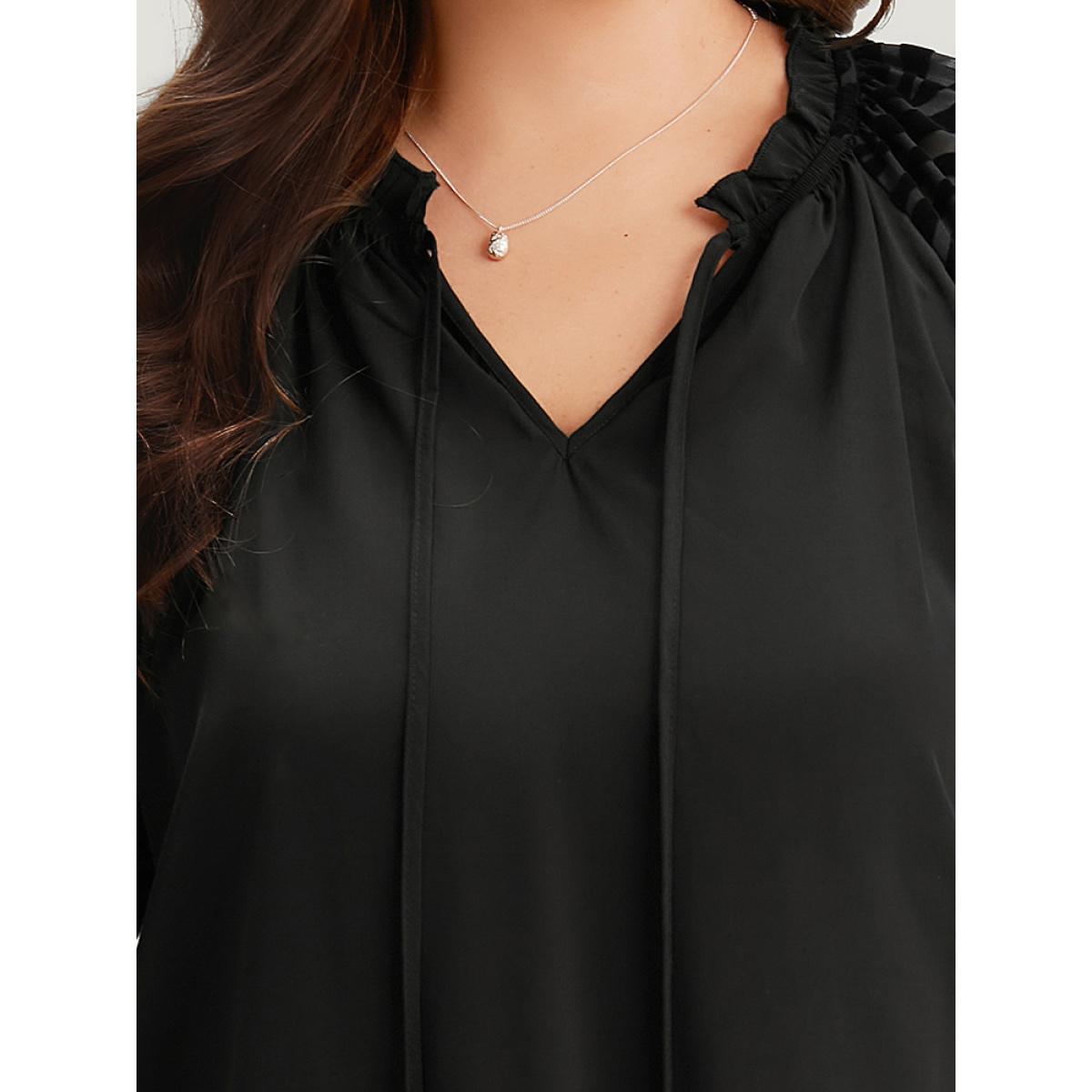 Plus Size Black Halloween Zebra Print Tie Neck Frill Trim Patchwork Blouse Women Elegant Long Sleeve Tie Neck Dailywear Blouses BloomChic 26/4X Product Image