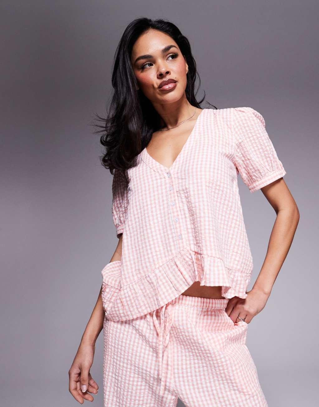 River Island gingham swing pajama set in pink Product Image