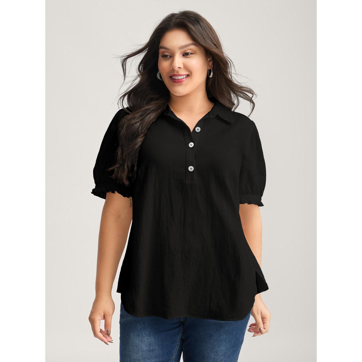 Plus Size Black Pure Cotton Ruffled Puffy Sleeve Blouse Women Office Short sleeve Shirt collar Office Blouses BloomChic 18-20/2X Product Image