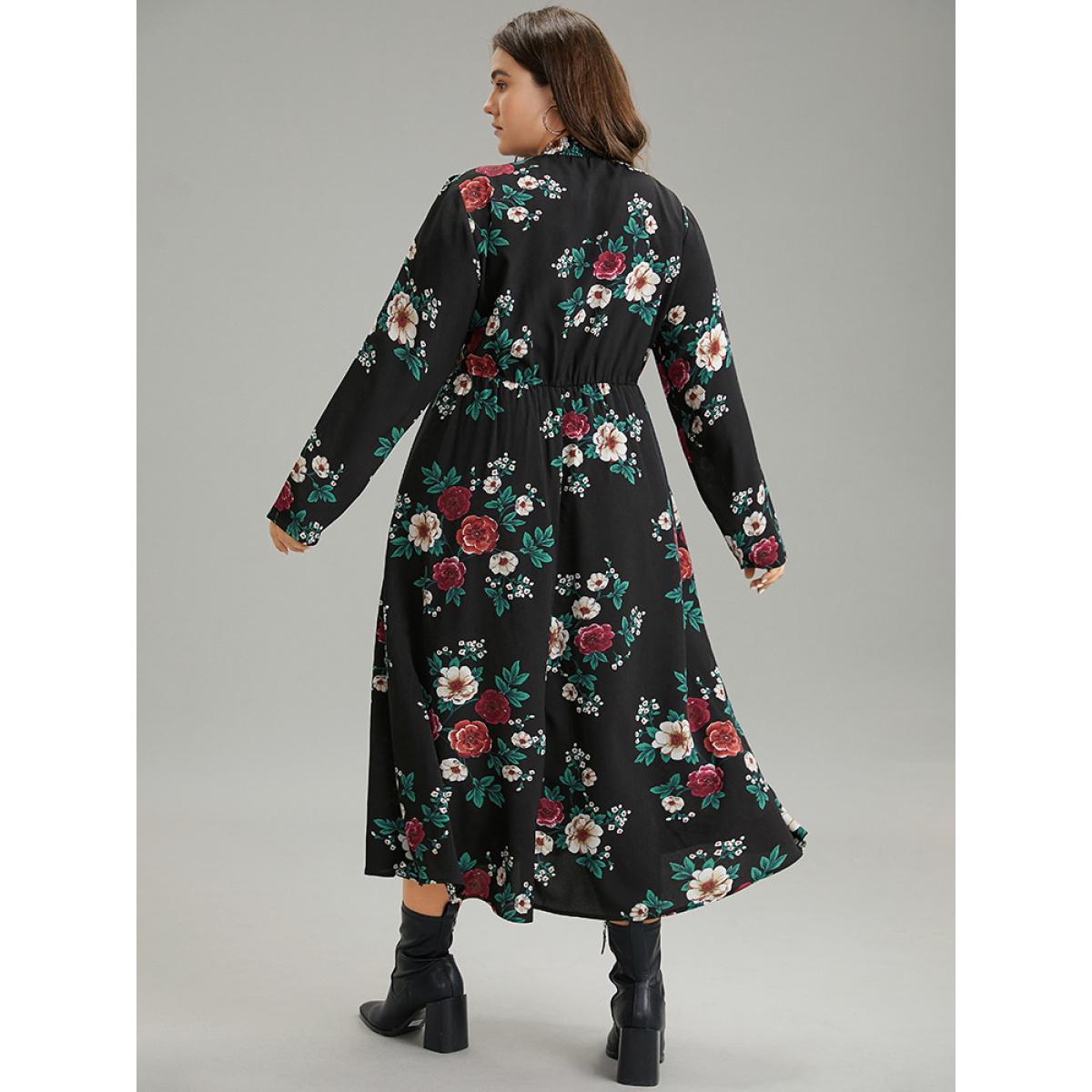 Plus Size Floral Print Shirred Mock Neck Dress Black Women Elegant Printed Mock Neck Long Sleeve Curvy Midi Dress BloomChic 26/4X Product Image