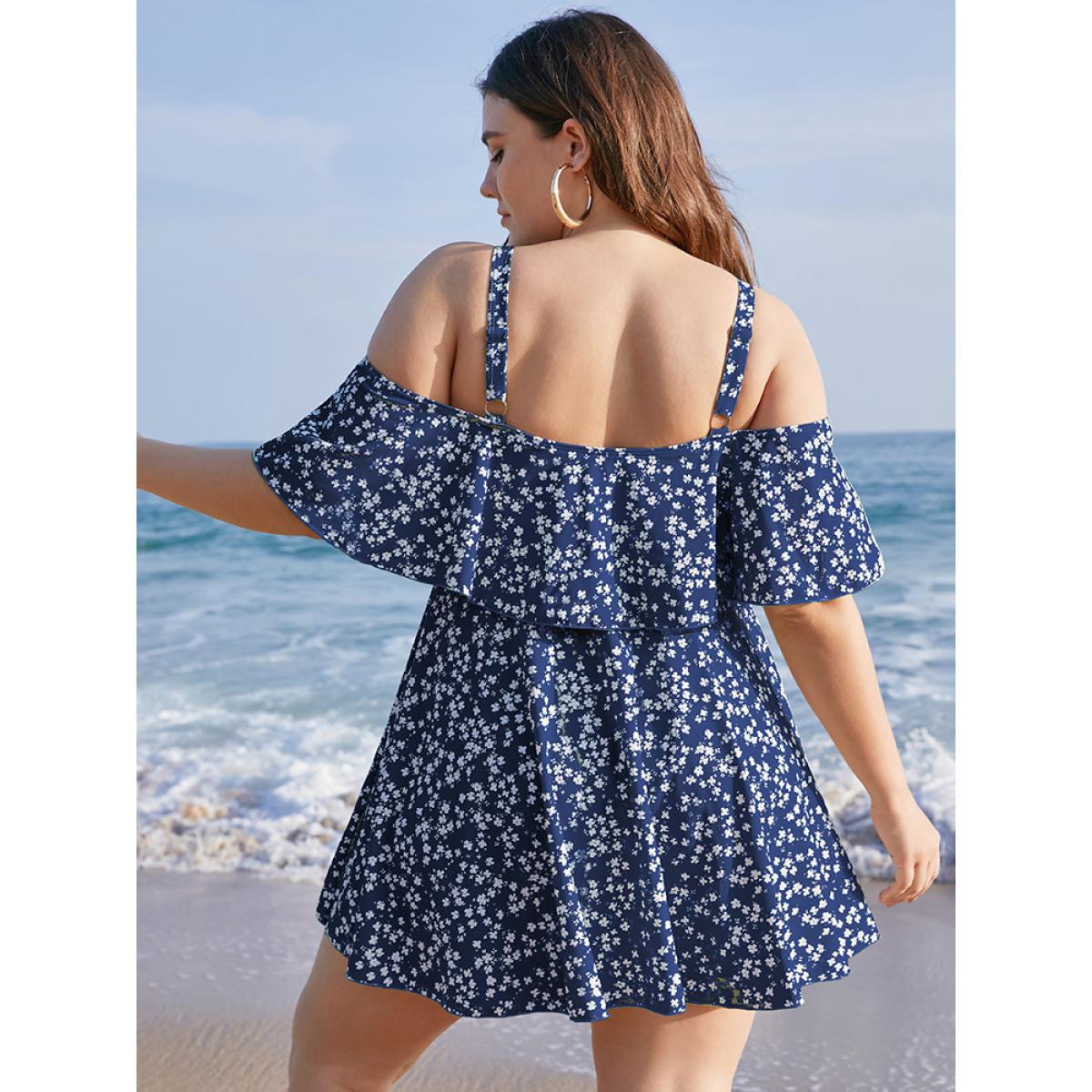 Plus Size Ditsy Floral Cold Shoulder Sculpt Waist Ruffles Swim Dress Women's Swimwear Indigo Beach Bodycon One-shoulder neck High stretch Curve Swim Dresses BloomChic 12/L Product Image