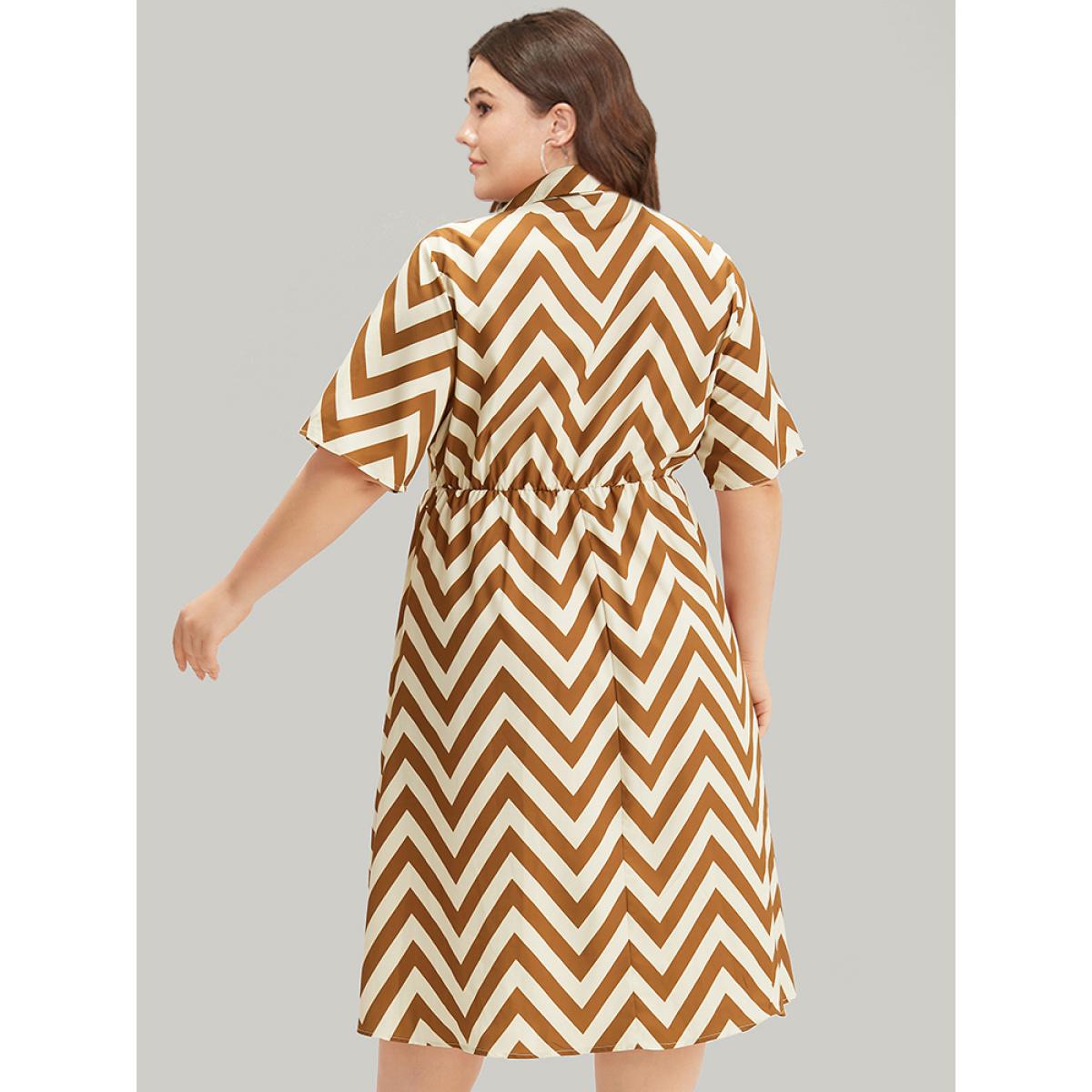 Plus Size Geometric Print Shirt Collar Button Through Dress Bronze Women Office Printed Shirt collar Short sleeve Curvy Midi Dress BloomChic 10/M Product Image