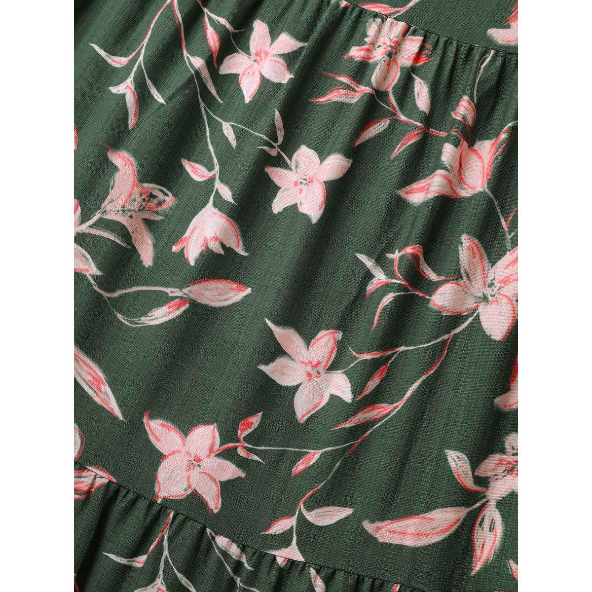 Plus Size Breezy Floral Shirred Waist Midi Dress DarkGreen Women Romantic Flat collar with V-notch Short sleeve Curvy BloomChic 10/M Product Image