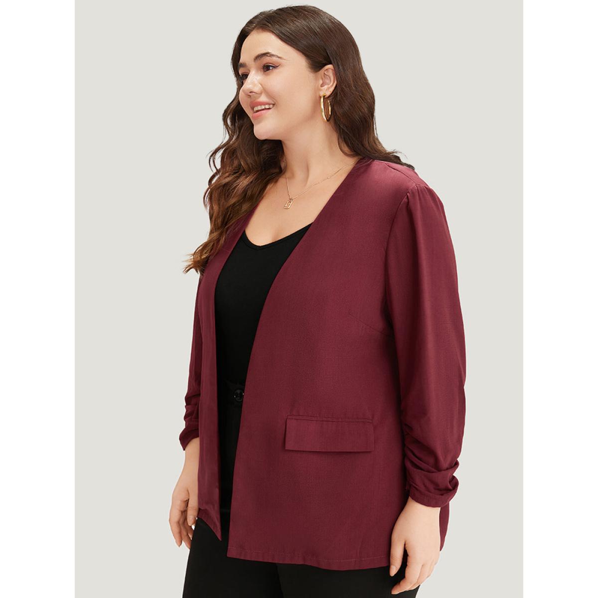 Plus Size Plain Pocket Open Front Gathered Blazer Scarlet Women Office Plain Elastic cuffs Sleeve Long Sleeve Open Front 28/5X Pocket Office Blazers BloomChic Product Image