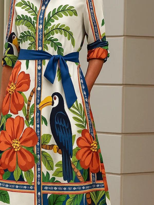 A-Line Long Sleeves Buttoned Contrast Color Flower Print Pockets Tied Waist Lapel Midi Dresses Product Image