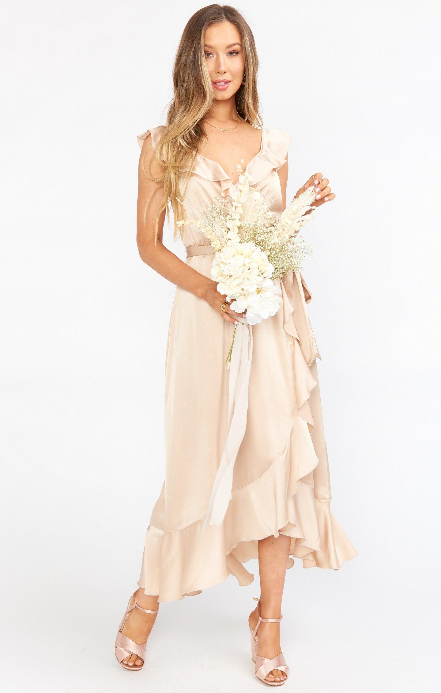 Samantha Ruffle Wrap Dress ~ Champagne Luxe Satin Product Image