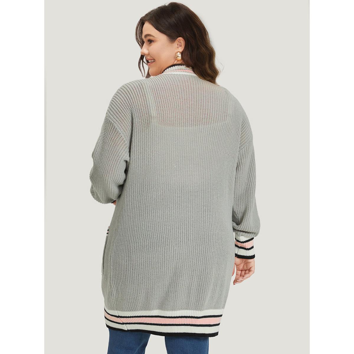 Plus Size Striped Contrast Drop Shoulder Elastic Cuffs Cardigan LightGray Women Casual Loose Long Sleeve Dailywear Cardigans BloomChic 12/L Product Image