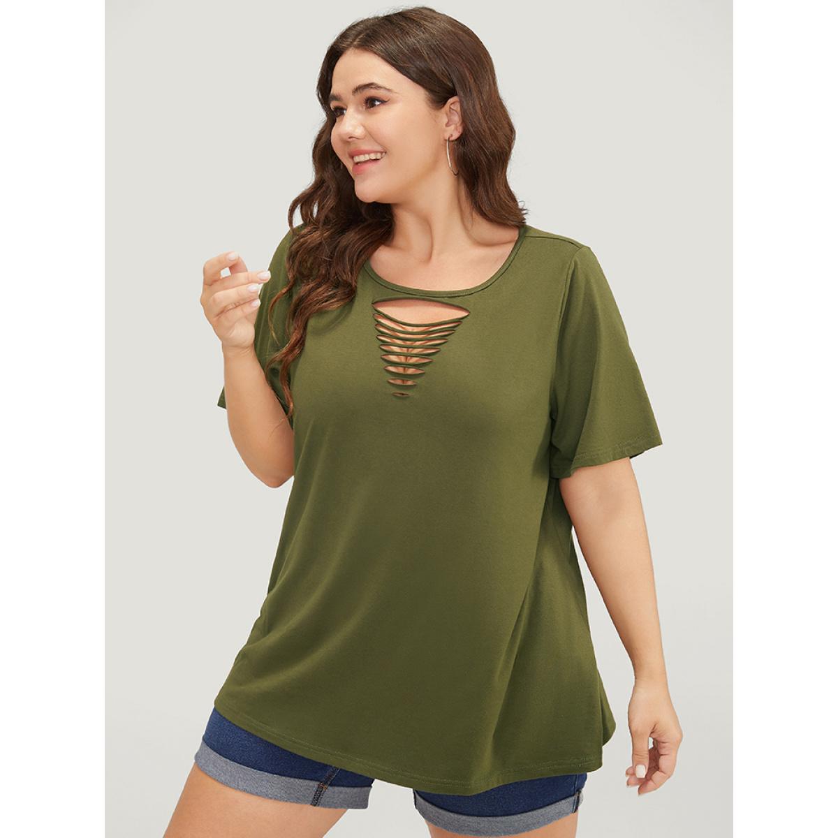 Plus Size Plain Cut Out Short Sleeve T-shirt ArmyGreen Women Casual Cut-Out Plain Round Neck Dailywear T-shirts BloomChic 12/L Product Image