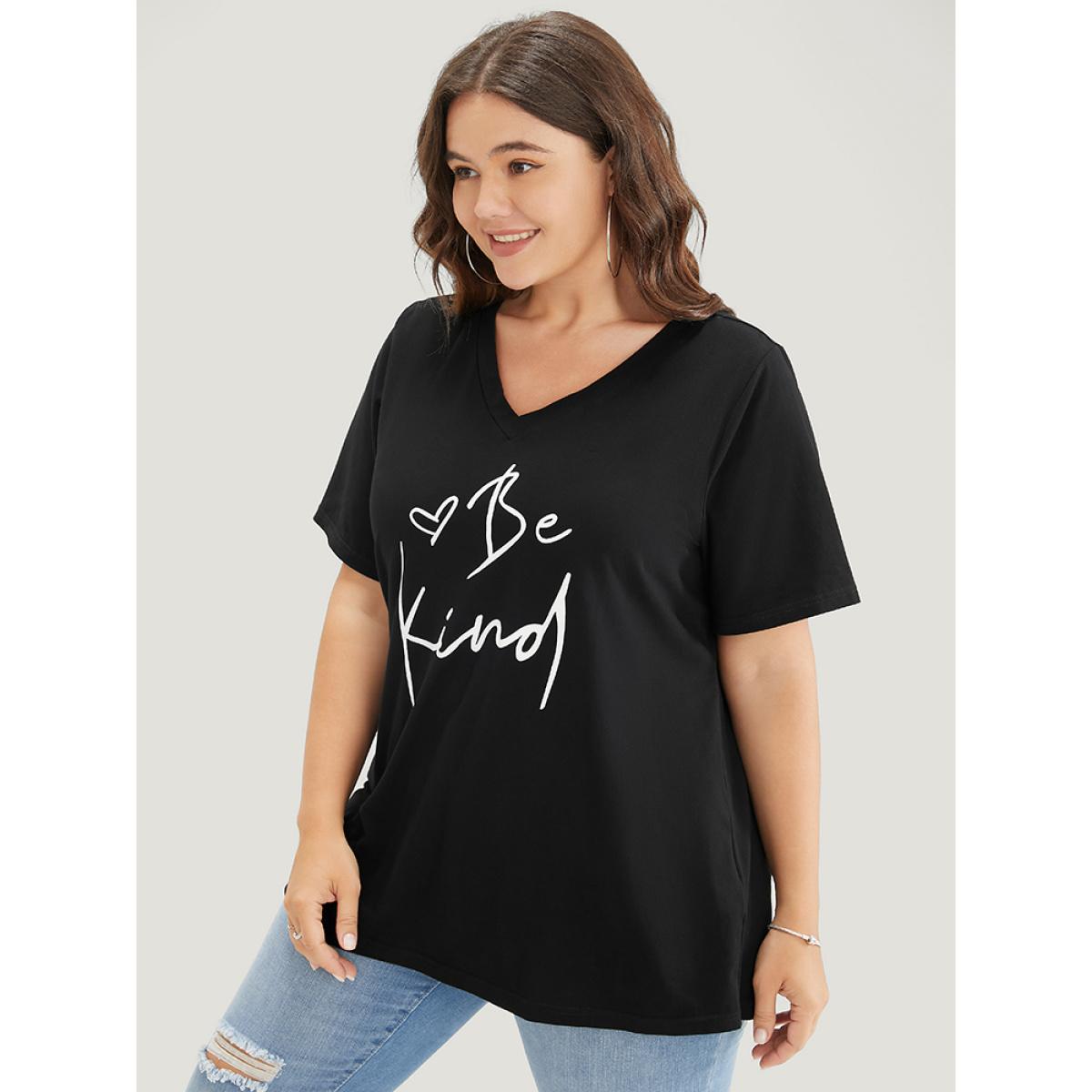 Plus Size Letter & Heart Print V Neck T-shirt Black Women Casual Letter Dailywear T-shirts BloomChic 10/M Product Image