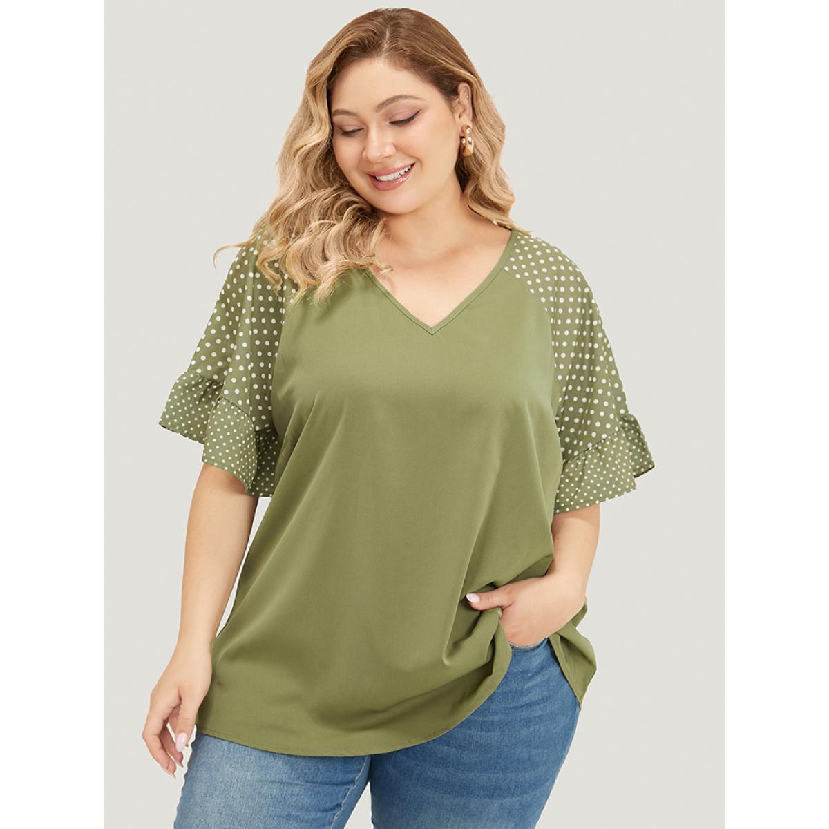 Plus Size Moss Polka Dot Raglan Sleeve Ruffle Trim Blouse Women Office Elbow-length sleeve V-neck Dailywear Blouses BloomChic 10/M Product Image