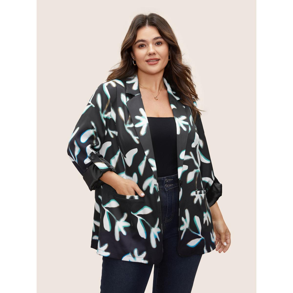 Plus Size Plants Print Suit Collar Button Up Tab Sleeve Blazer BlackFlower Women Work Plants Non Sleeve Long Sleeve Suit Collar 12/L Single-flap pocket At the Office Blazers BloomChic Product Image
