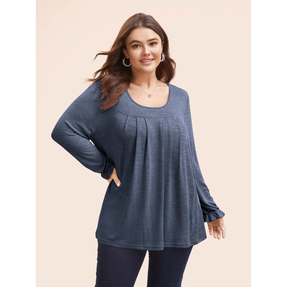 Plus Size Round Neck Heather Pleated T-shirt Indigo Women Leisure Pleated Round Neck Loose Casual T-shirts BloomChic 26/4X Product Image