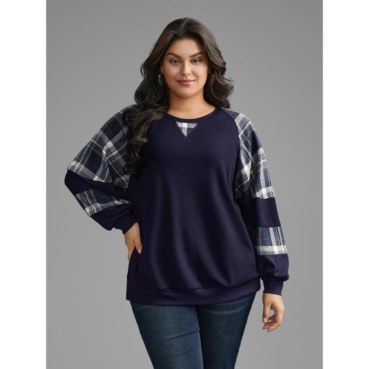 Plus Size Plaid Patchwork Raglan Sleeve Sweatshirt Women Indigo Leisure Texture Round Neck Casual Sweatshirts BloomChic 14-16/1X Product Image
