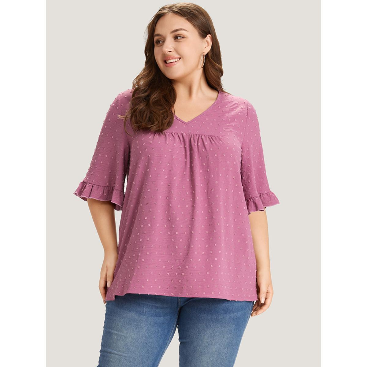 Plus Size Purple Polka Dot Flutter Trim Gathered Blouse Women Elegant Short sleeve V-neck Dailywear Blouses BloomChic 28/5X Product Image