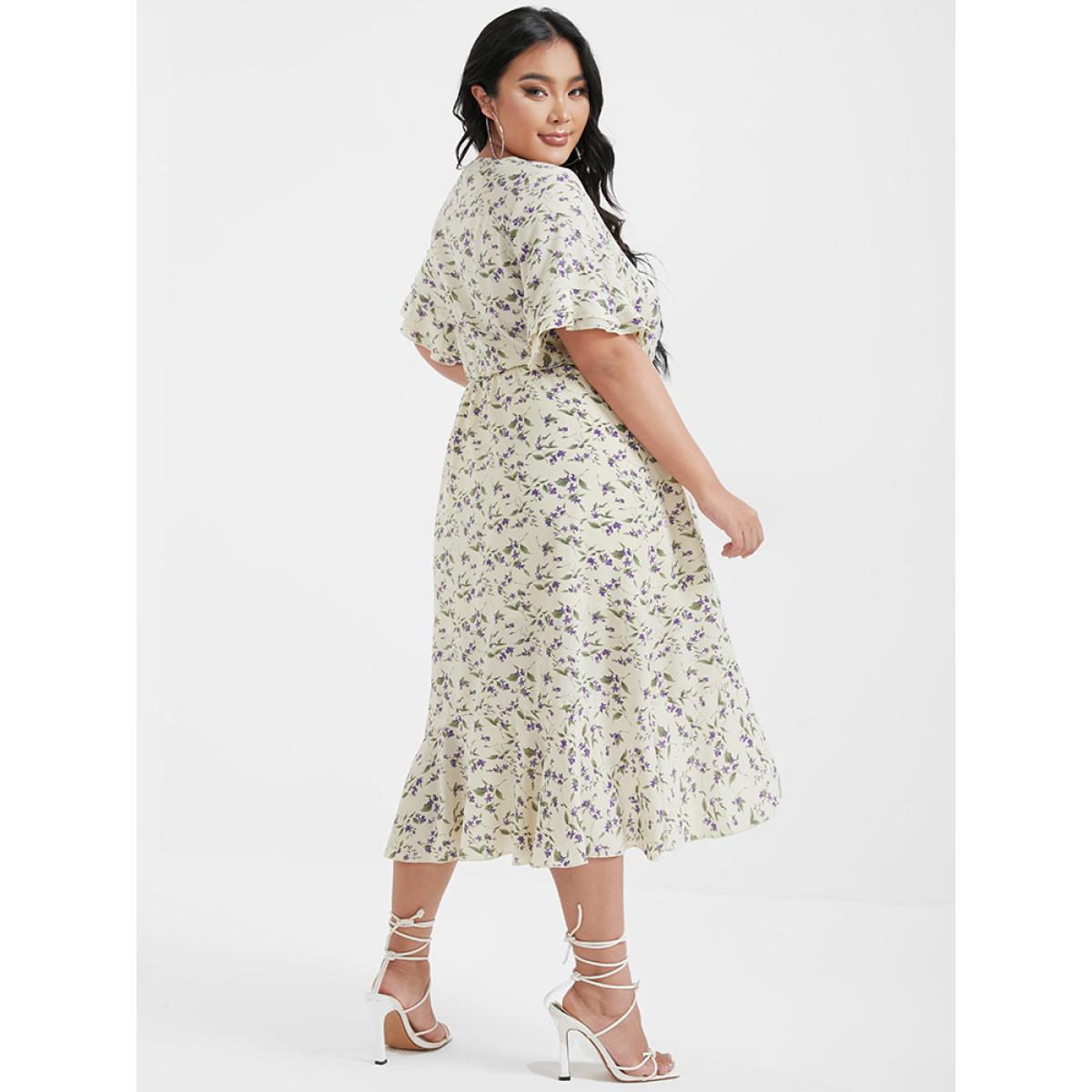 Plus Size Ditsy Floral Arc Hem Ruffled Wrap Dress Apricot Women Elegant Printed V-neck Short sleeve Curvy Midi Dress BloomChic 14-16/1X Product Image