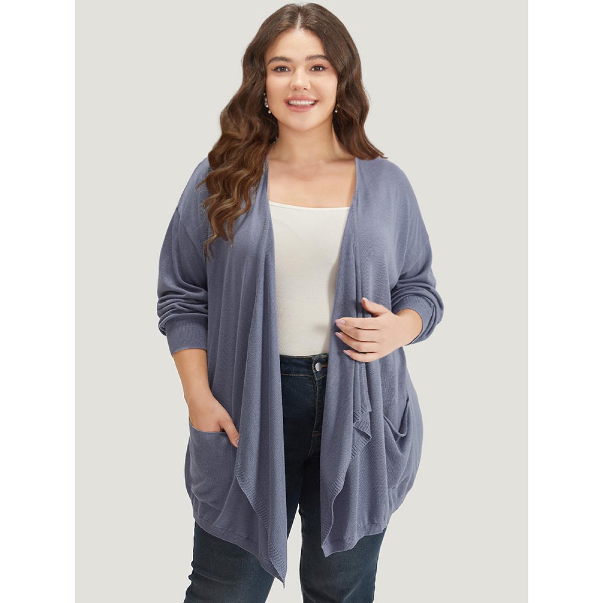 Plus Size Supersoft Essentials Solid Lapel Collar Patched Pocket Cardigan Stone Women Casual Loose Long Sleeve Dailywear Cardigans BloomChic 14-16/1X Product Image