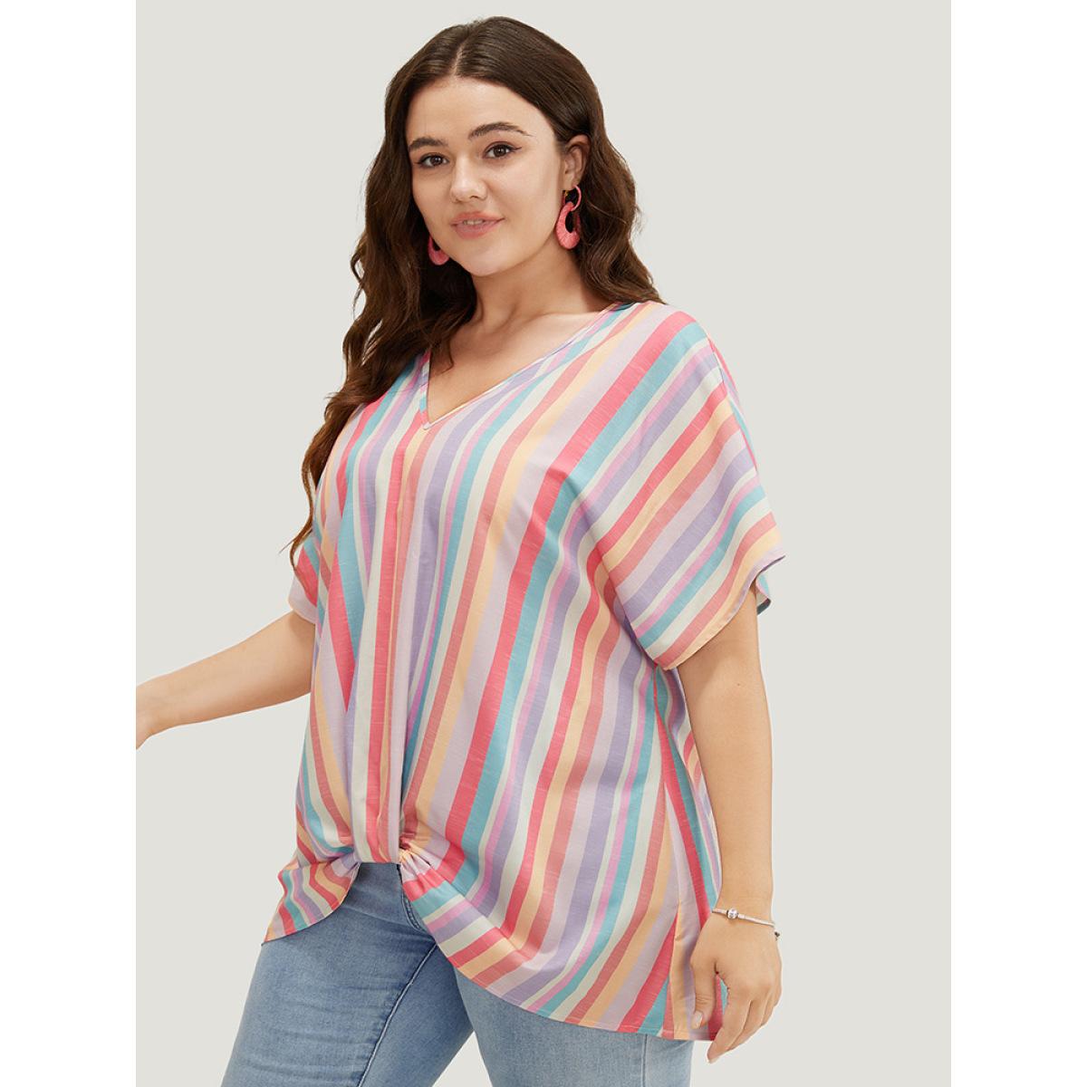 Plus Size Multicolor Rainbow Striped Batwing Sleeve Contrast Asymmetrical Hem Blouse Women Vacation Short sleeve V-neck Dailywear Blouses BloomChic 26/4X Product Image