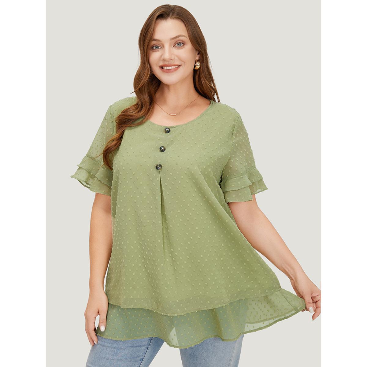 Plus Size Mint Polka Dot Button Detail Mesh Ruffle Layered Blouse Women Elegant Short sleeve Round Neck Dailywear Blouses BloomChic 28/5X Product Image
