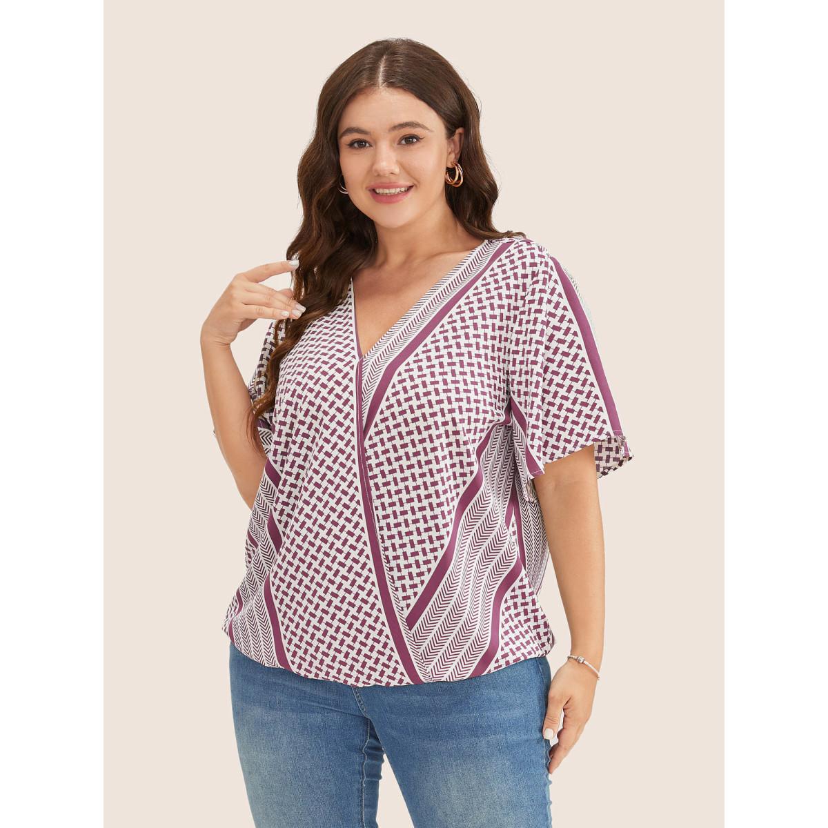 Plus Size RedViolet Geometric Contrast Ruffle Sleeve Wrap Blouse Women Resort Short sleeve Overlap Collar Vacation Blouses BloomChic 12/L Product Image