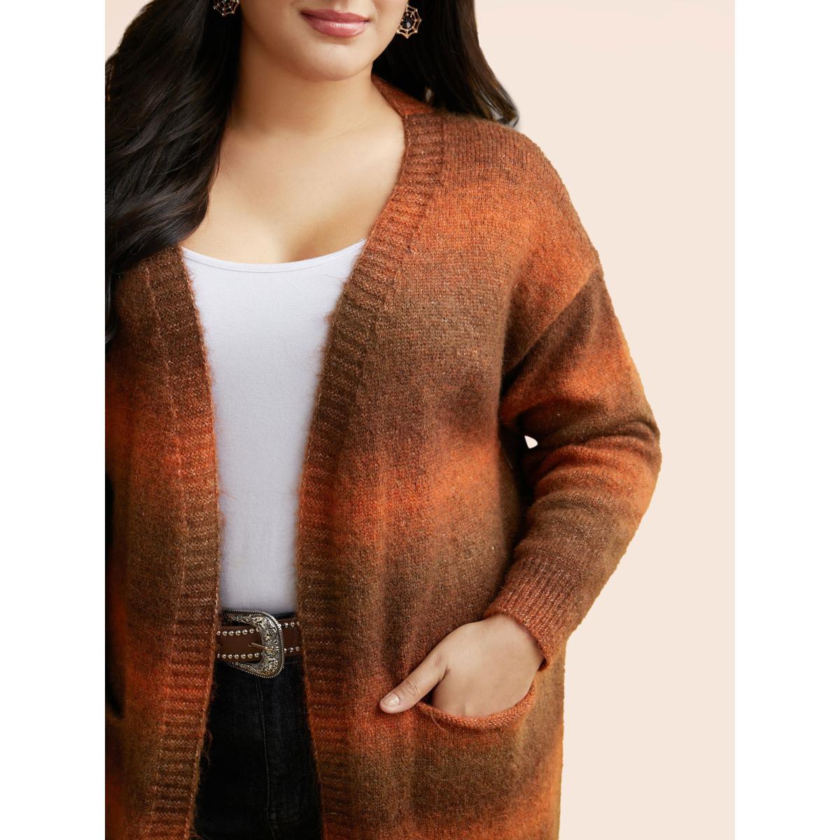 Plus Size Gradient Dye Design Pockets Cardigan Yellowishbrown Women Basics Loose Long Sleeve Everyday Cardigans BloomChic 18-20/2X Product Image
