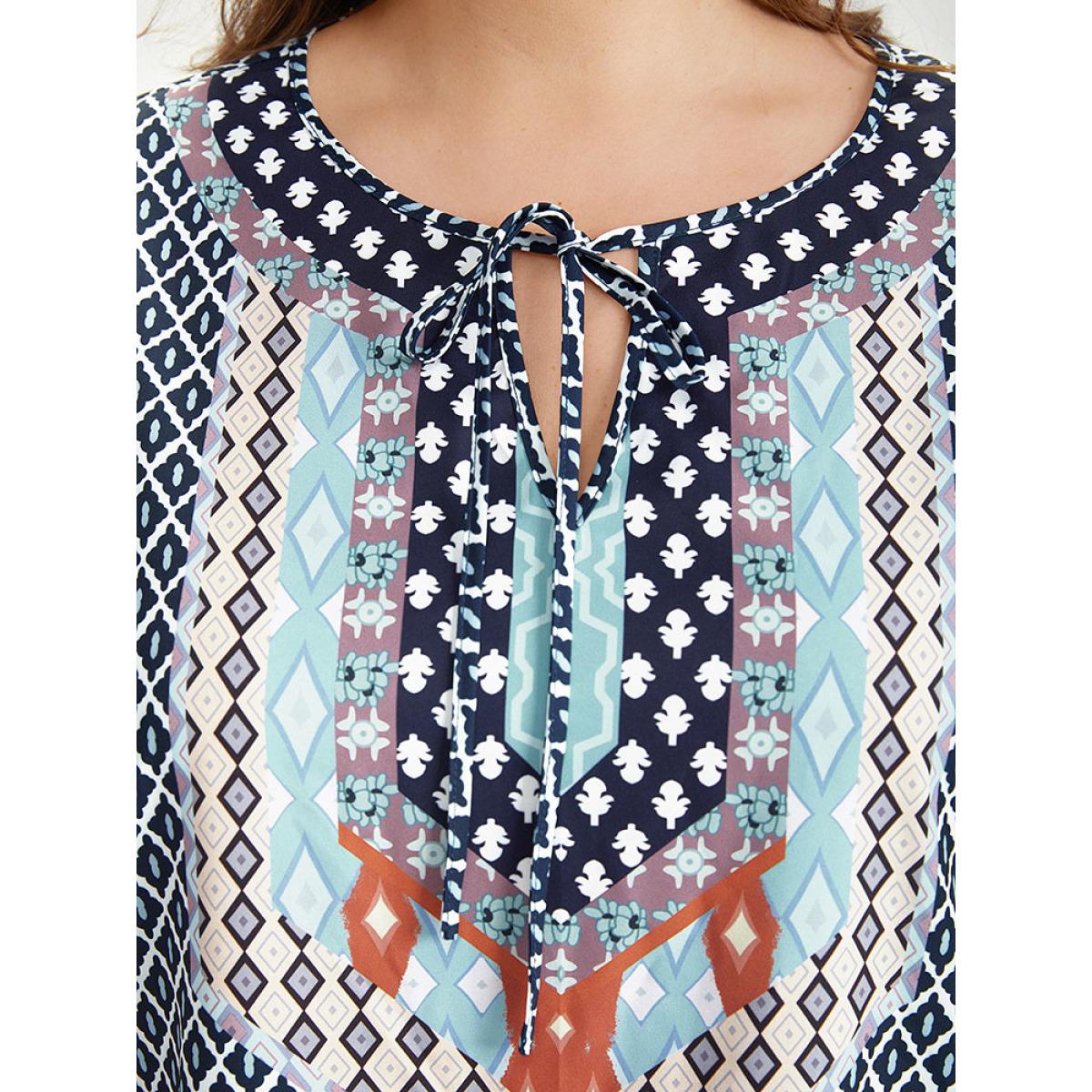 Plus Size Bandana Print Pocket Button Knot Neck Dress DarkBlue Women Vacation Button V-neck Elbow-length sleeve Curvy Knee Dress BloomChic 28/5X Product Image