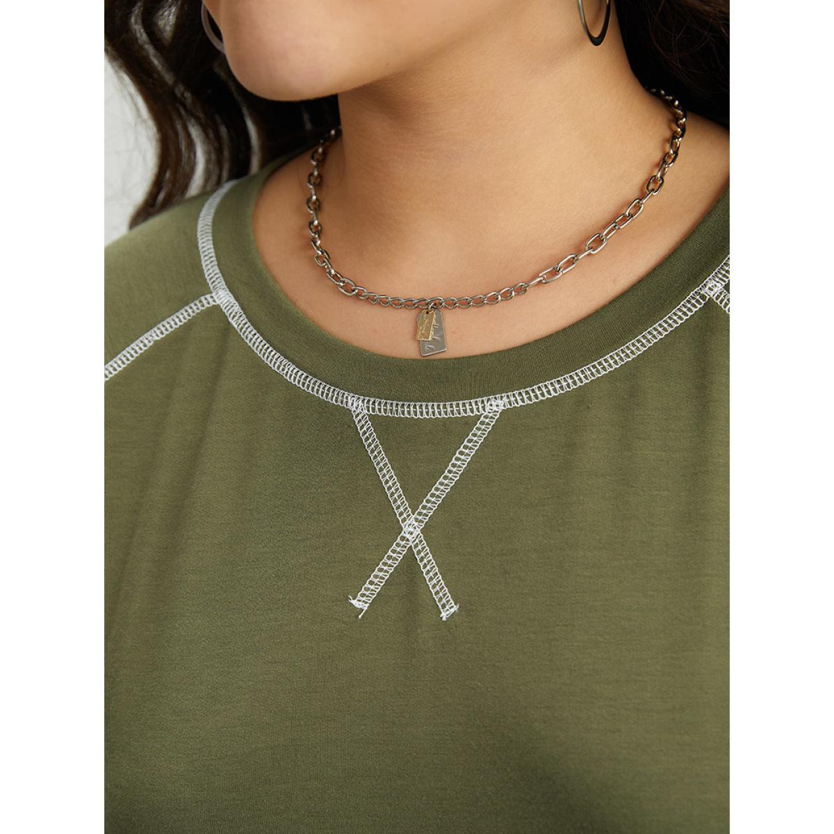 Plus Size Plain Stitch Raglan Sleeve Sweatshirt Women ArmyGreen Casual Elastic cuffs Round Neck Dailywear Sweatshirts BloomChic 14-16/1X Product Image