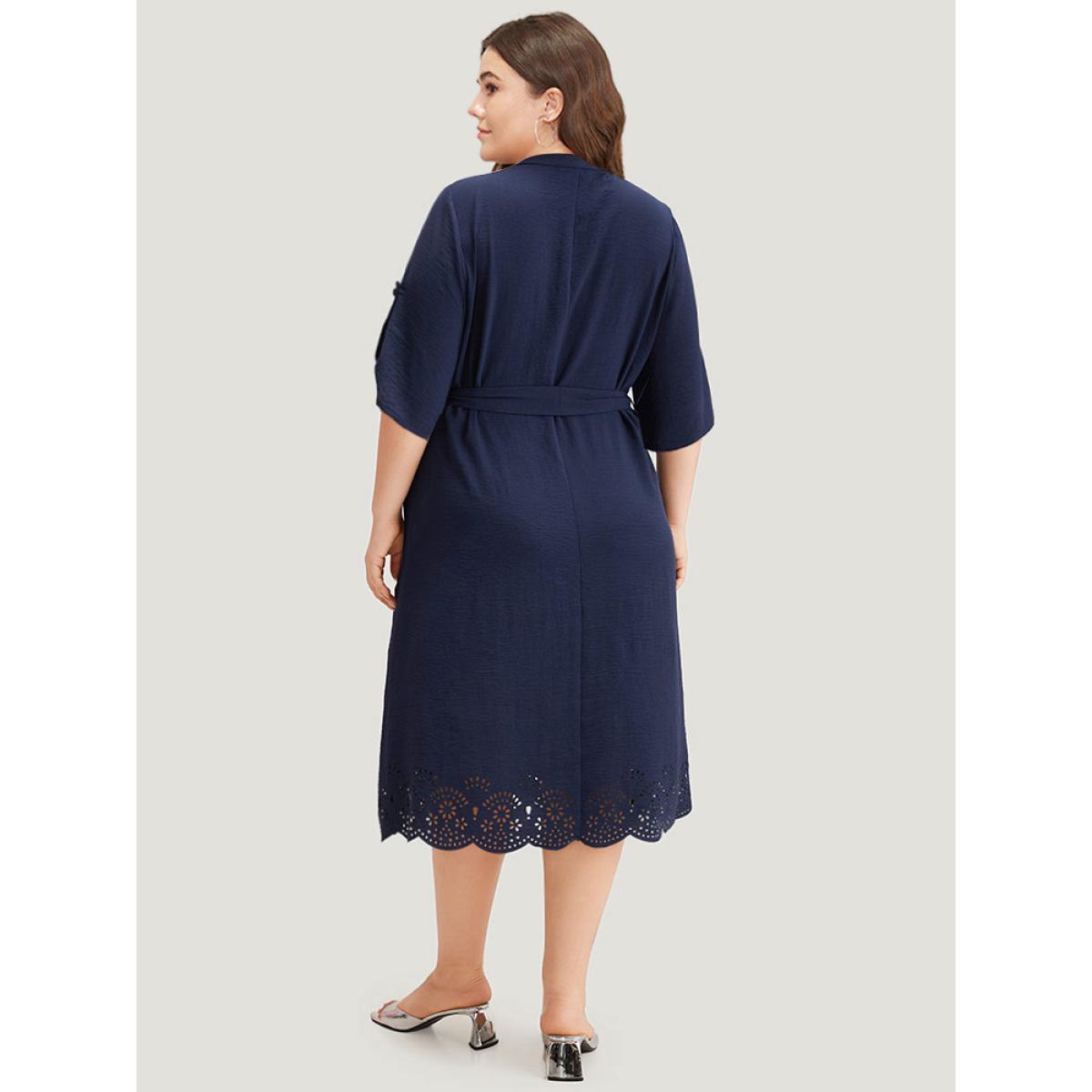 Plus Size Plain Notched Belted Laser Cut Tab Sleeve Dress Navy Women Office Plain Notched collar Half Sleeve Curvy Midi Dress BloomChic 12/L Product Image