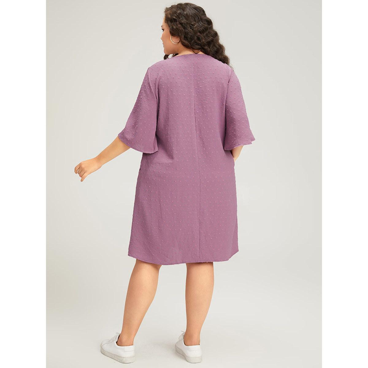 Plus Size Plain Textured Plicated Detail Crisscross Ruffle Sleeve Dress Lilac Women Casual Texture V-neck Half Sleeve Curvy Midi Dress BloomChic 14-16/1X Product Image