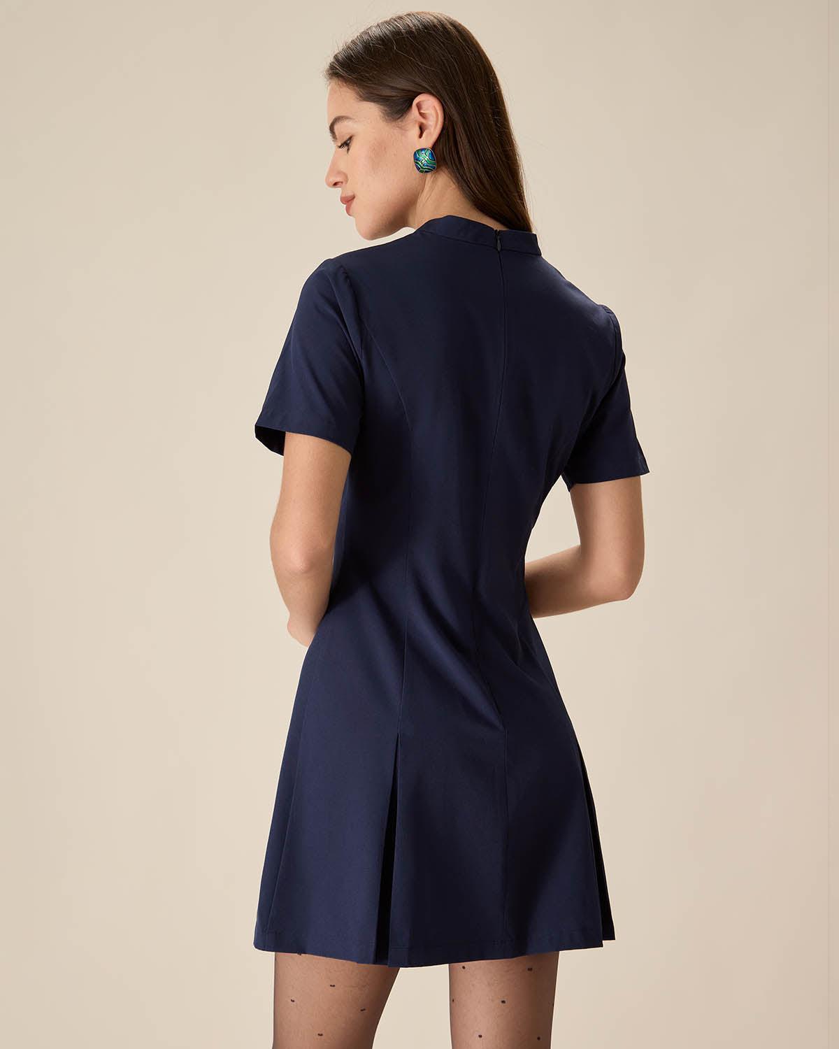 Blue Mock Neck Pleated Mini Dress Product Image