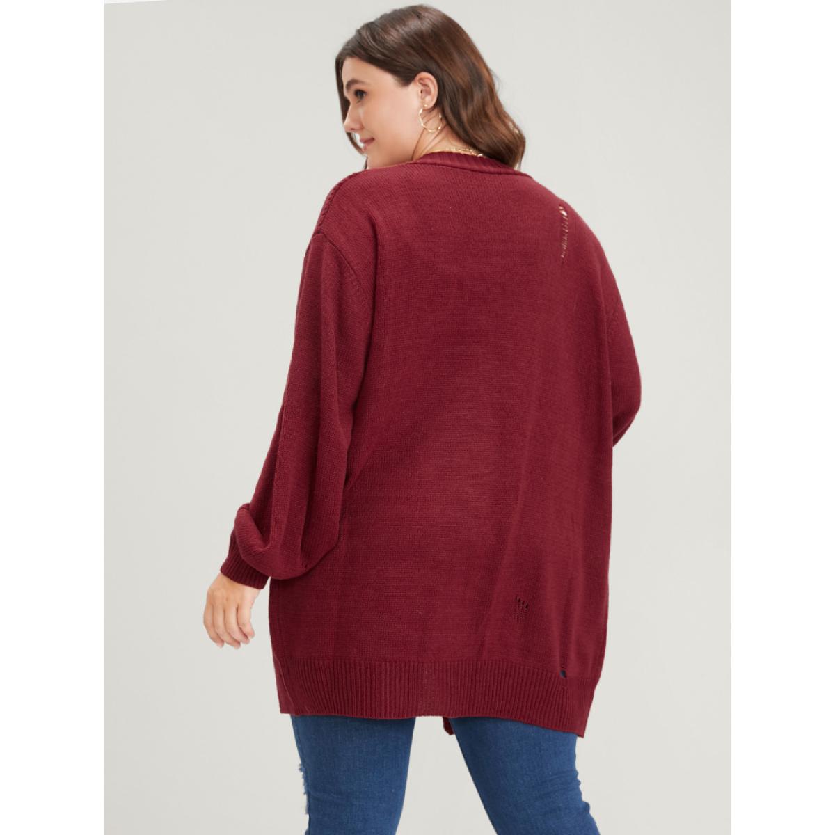 Plus Size Solid Pointelle Knit Distressed Button Front Mid Long Cardigan Scarlet Women Elegant Loose Long Sleeve Dailywear Cardigans BloomChic 12/L Product Image