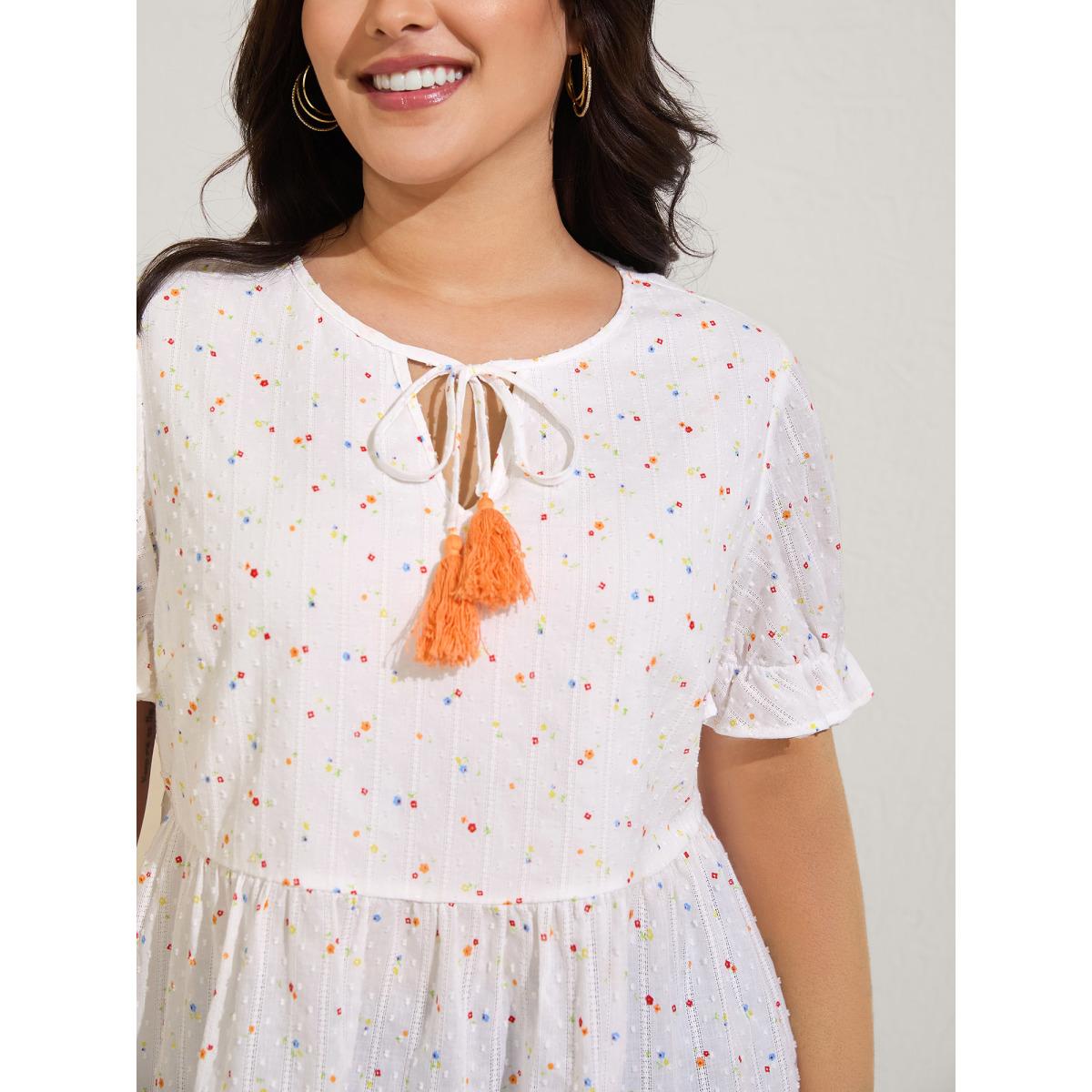 Plus Size Beige Cotton Colorful Embroidered Tassels Solid Blouse Women Short sleeve V-neck Vacation Blouses BloomChic 12/L Product Image