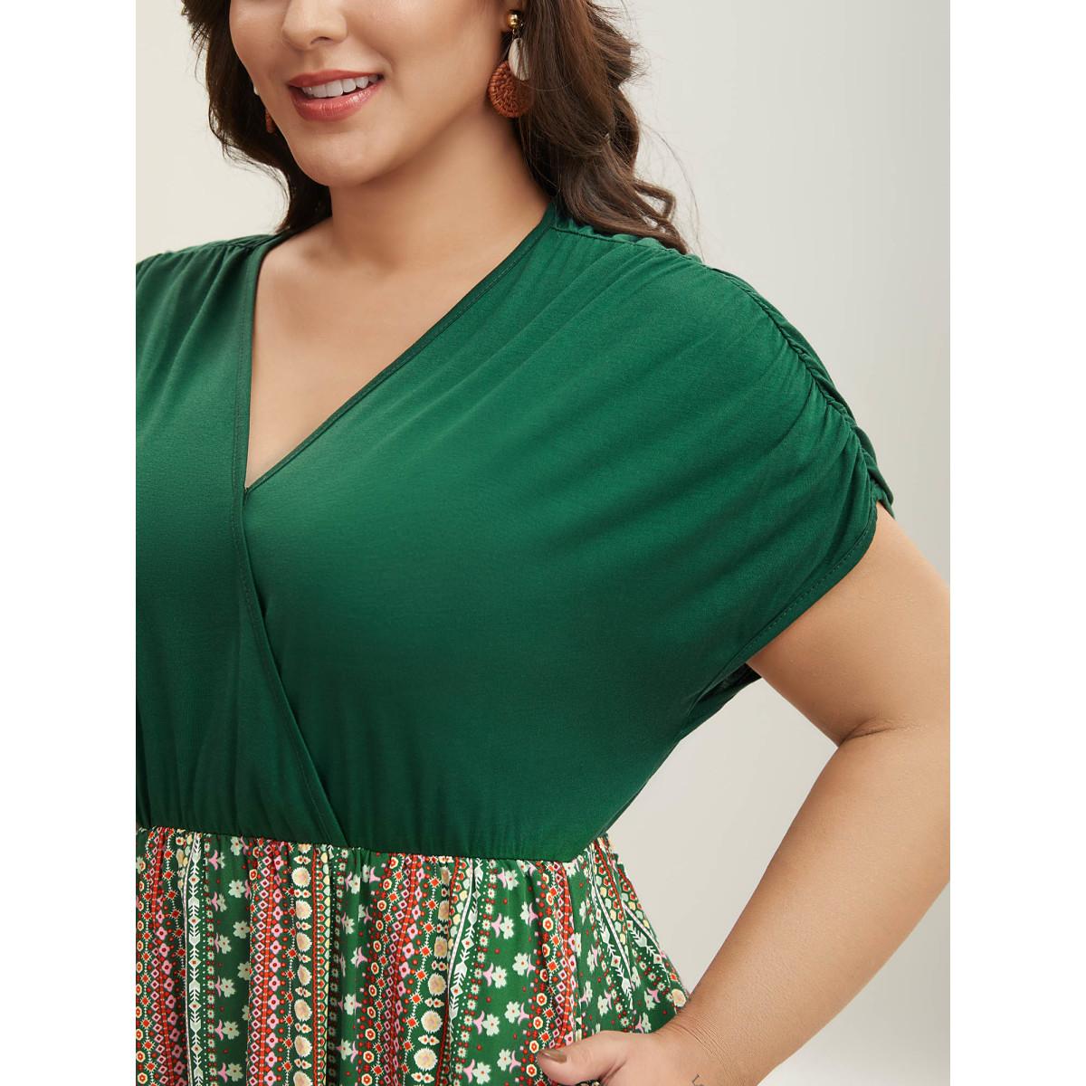Plus Size Boho Stripes Spliced Ruched Sleeve Midi Dress Truegreen Women Gathered Overlap Collar Short sleeve Curvy BloomChic 18-20/2X Product Image