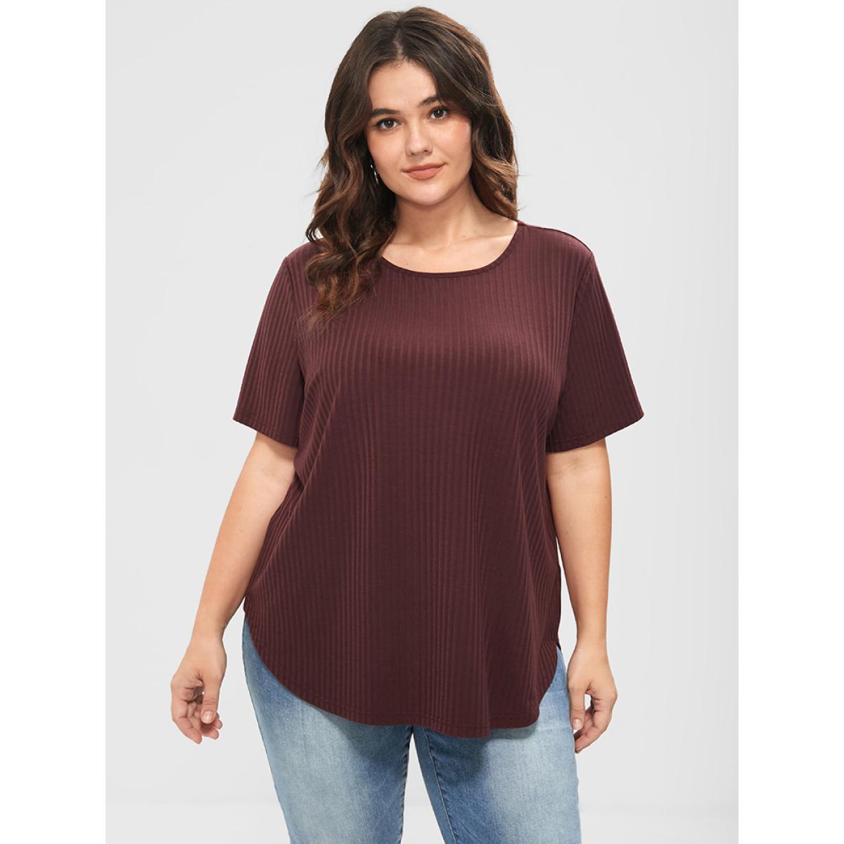 Plus Size Plain Button Back Rib Knit Tee Burgundy Women Elegant Button Plain Round Neck Dailywear T-shirts BloomChic 10/M Product Image