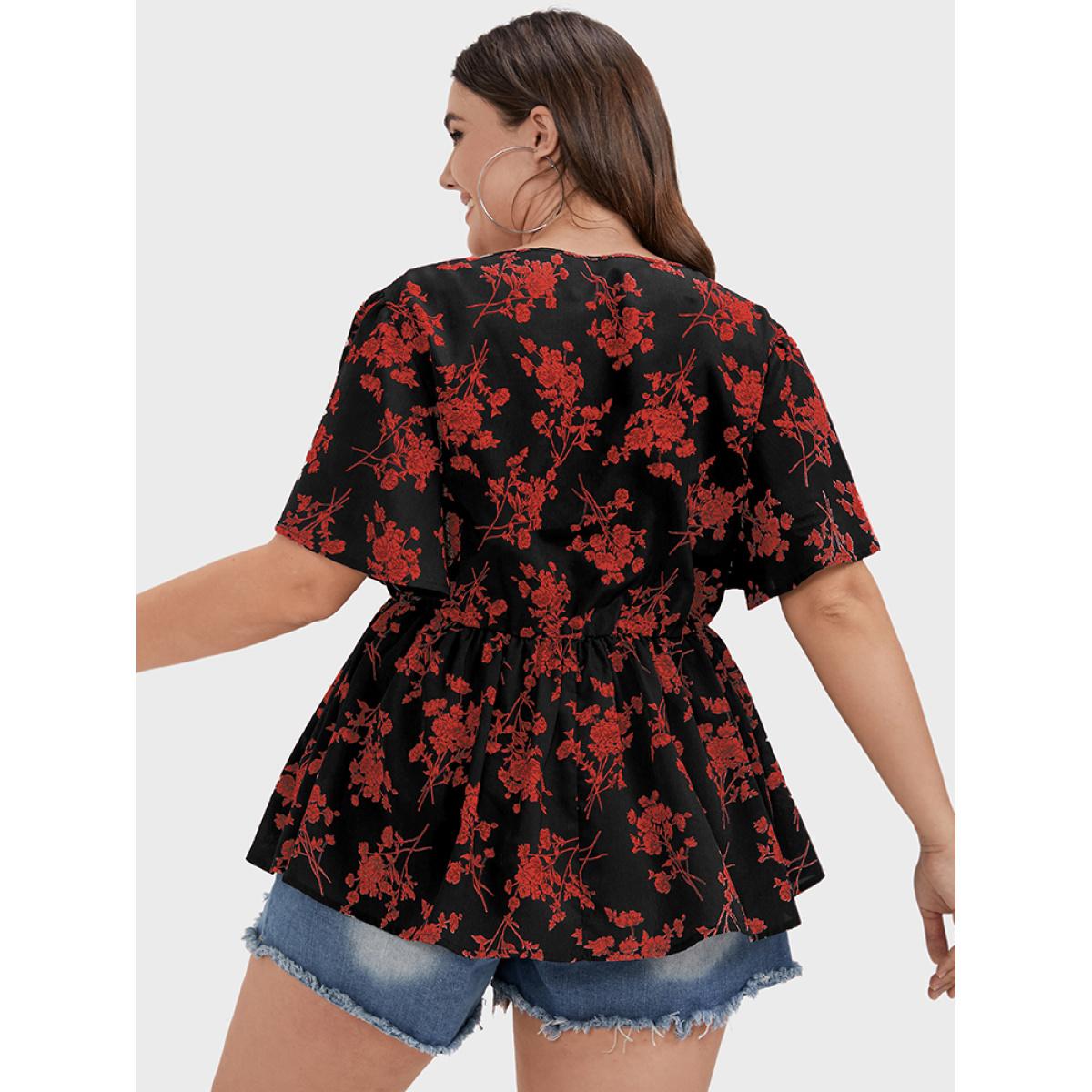 Plus Size Raspberry Floral Ties Button Ruffles V Neck Blouse Women Elegant Short sleeve V-neck Dailywear Blouses BloomChic 12/L Product Image