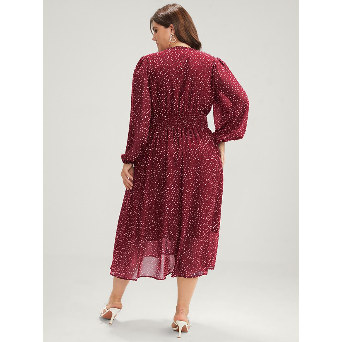 Plus Size Polka Dot Lantern Sleeve Pocket Shirred Flutter Dress Burgundy Women Elegant Pocket V-neck Short sleeve Curvy Midi Dress BloomChic 30/6X Product Image