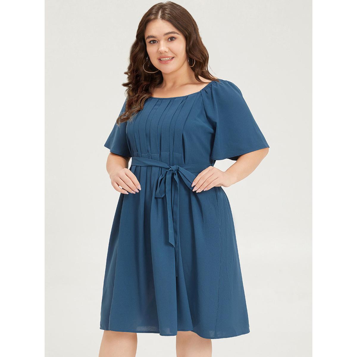 Plus Size Plain Pocket Belted Pleated Raglan Sleeve Dress Aegean Women Office Gathered Round Neck Short sleeve Curvy Midi Dress BloomChic 28/5X Product Image