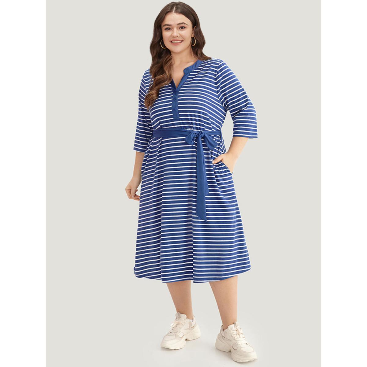 Plus Size Striped Belted Notched Dress Blue Women Casual Belted Notched collar Elbow-length sleeve Curvy Midi Dress BloomChic 28/5X Product Image