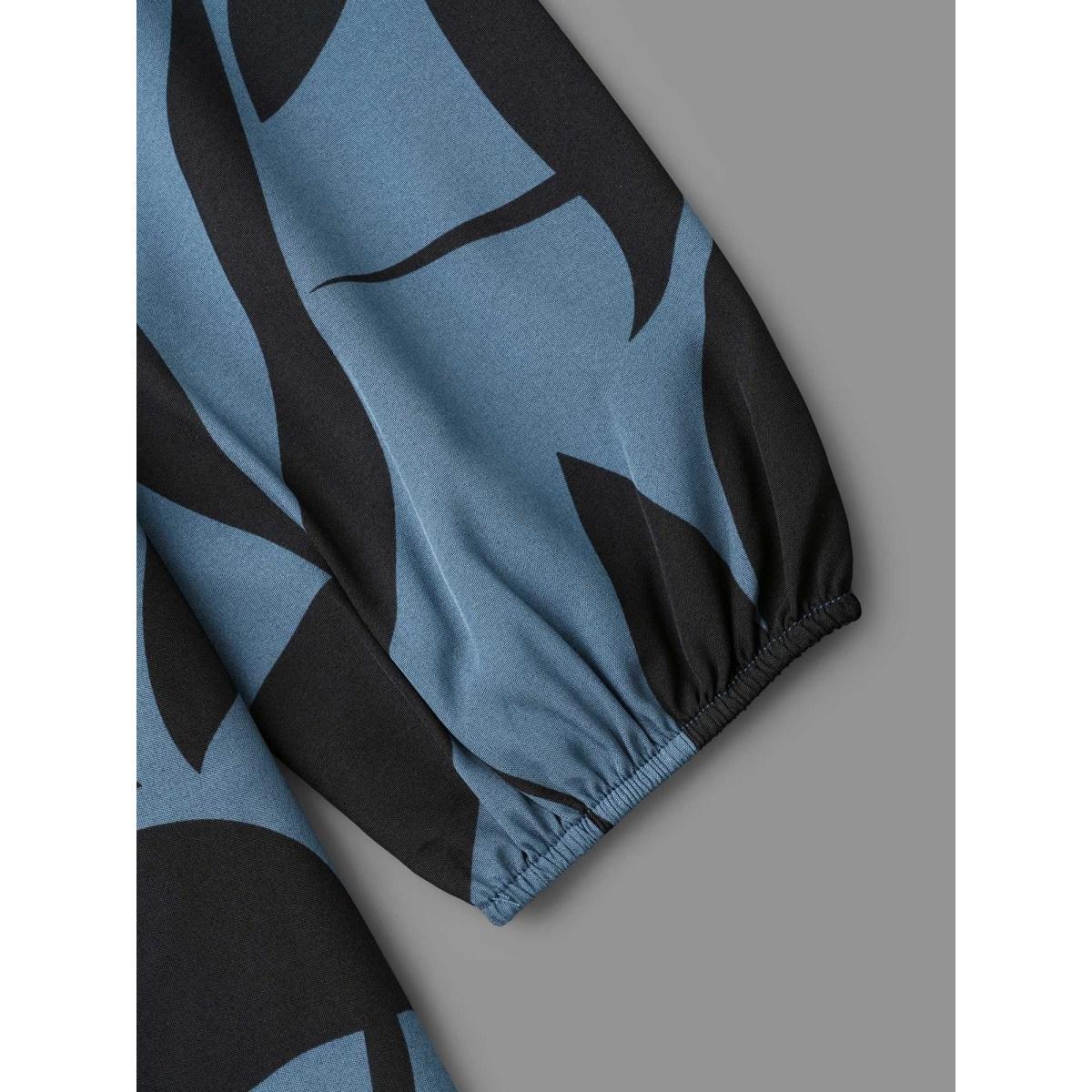 Plus Size Silhouette Floral Print Frill Trim Dress Aegean Women Elegant Belted Round Neck Long Sleeve Curvy BloomChic 14-16/1X Product Image