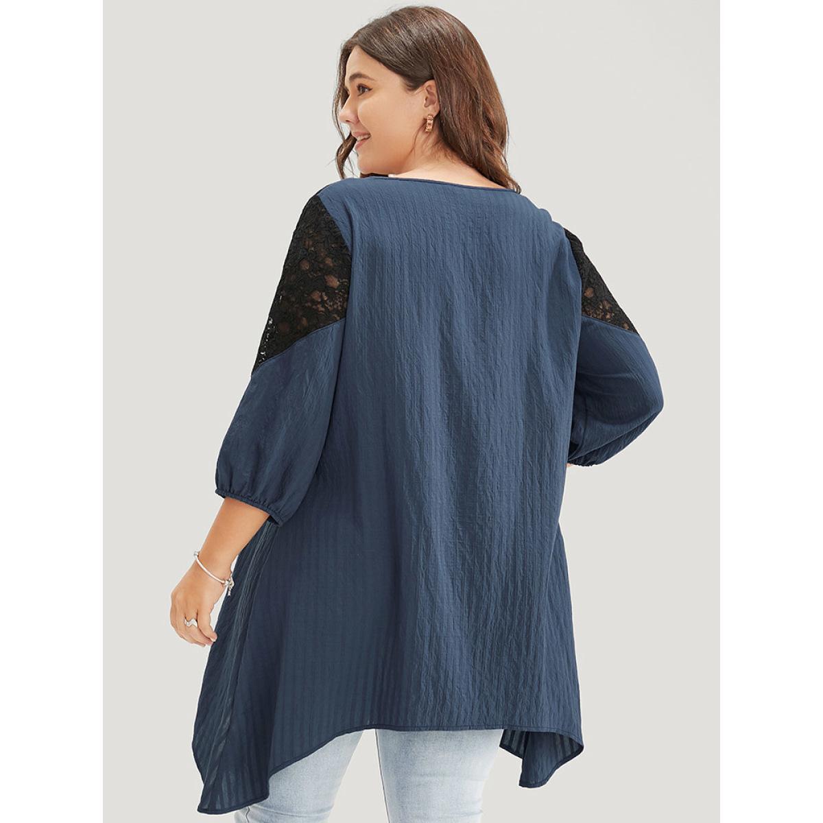 Plus Size Indigo Plain Contrast Lace Asymmetrical Lantern Sleeve Blouse Women Elegant Elbow-length sleeve V-neck Dailywear Blouses BloomChic 18-20/2X Product Image