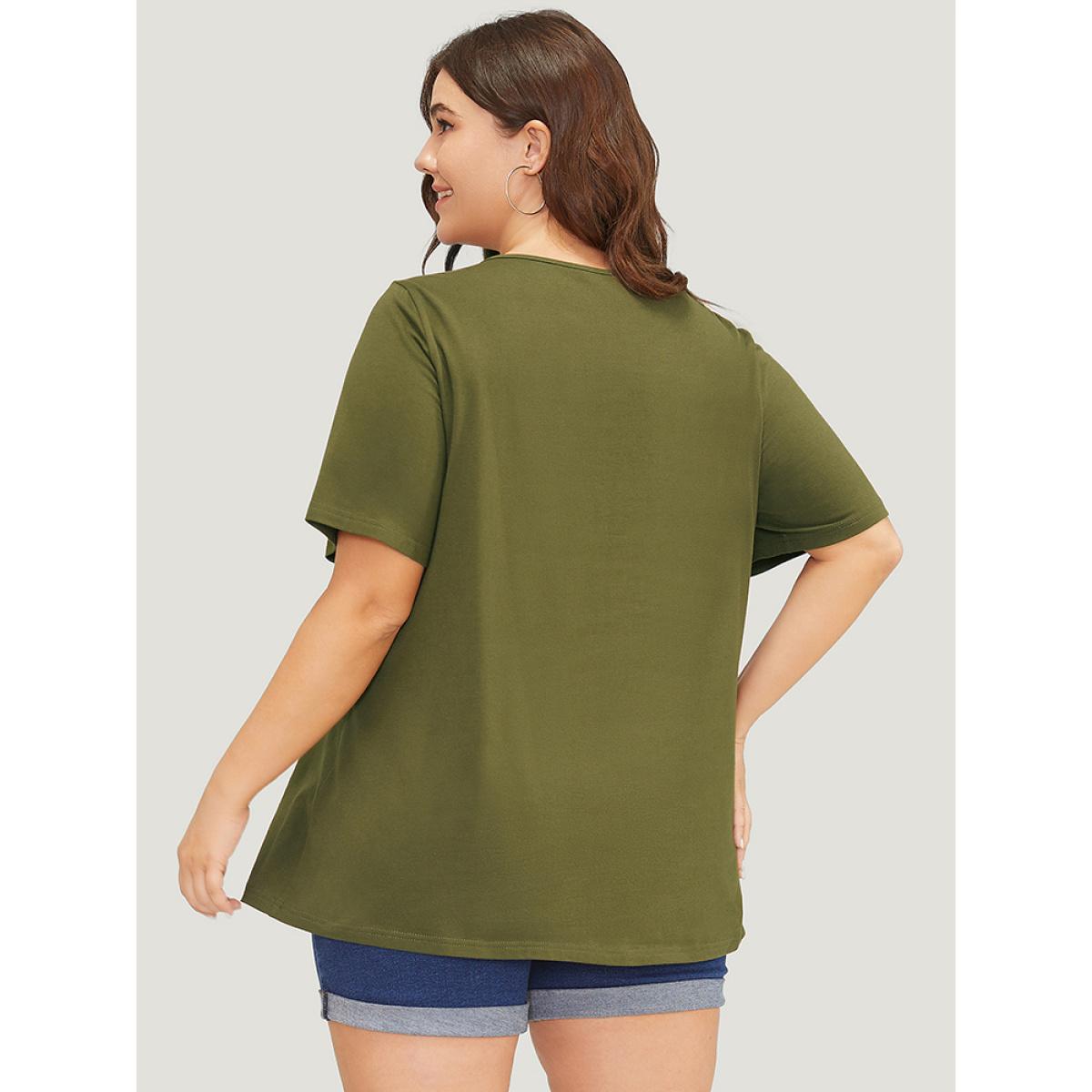 Plus Size Plain Cut Out Short Sleeve T-shirt ArmyGreen Women Casual Cut-Out Plain Round Neck Dailywear T-shirts BloomChic 12/L Product Image