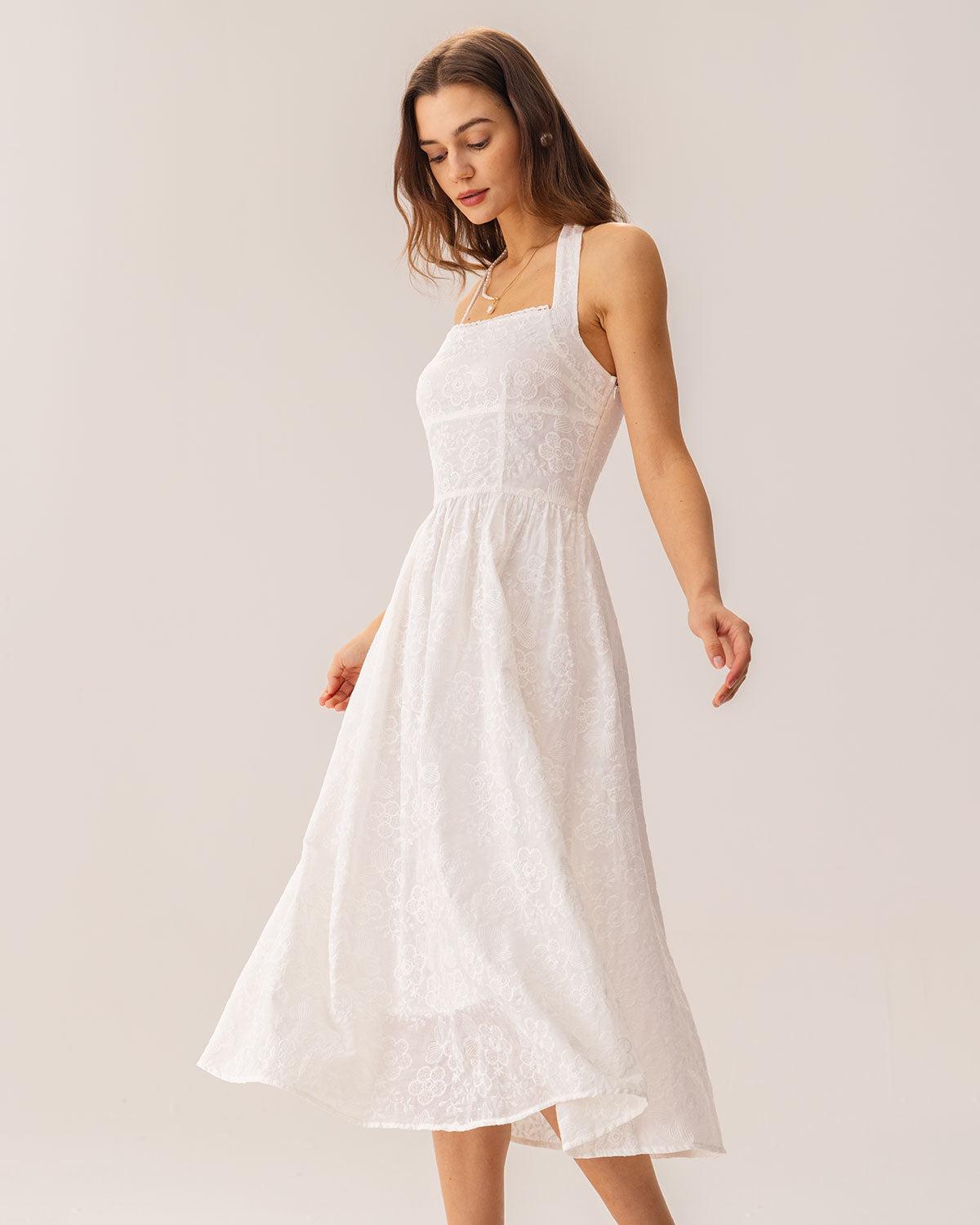 White Embroidery Halter Midi Dress Product Image