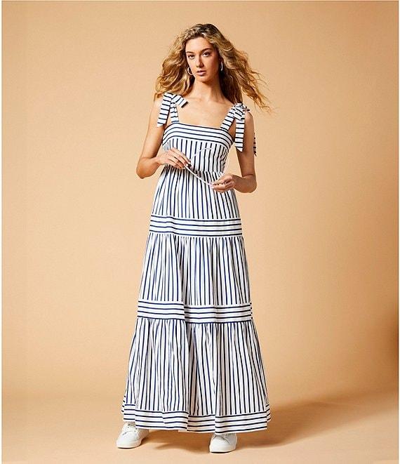 A Loves A Stripe Print Square Neck Tie Strap Tiered A-Line Flounce Maxi Dress Product Image