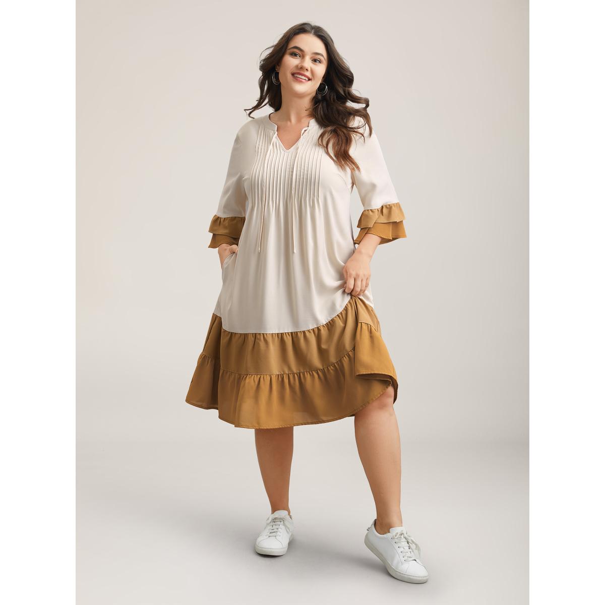 Plus Size Color Block Neck-Tie Tiered Midi Dress Multicolor Women Casual Tucked seam Notched collar Elbow-length sleeve Curvy BloomChic 14-16/1X Product Image